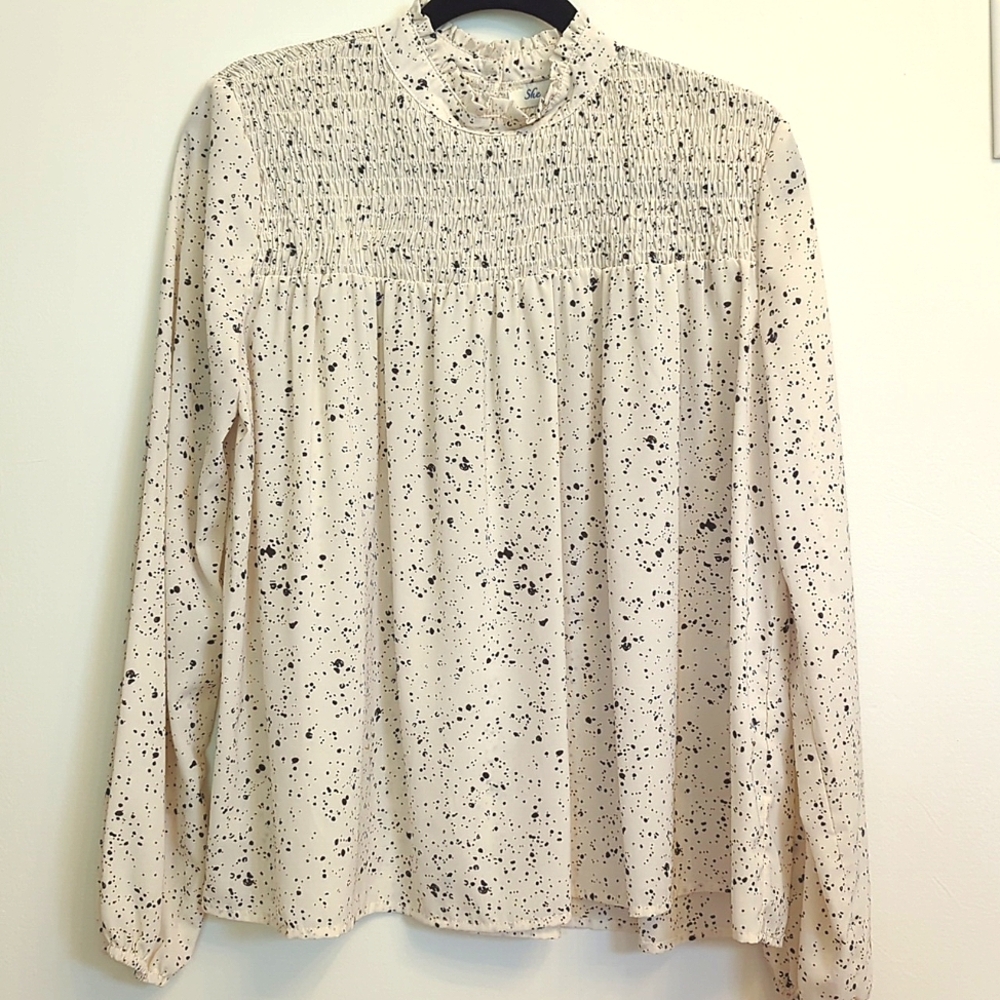 She + Sky Cream Smocked Blouse with Mandarin Collar (Mock Neck), L